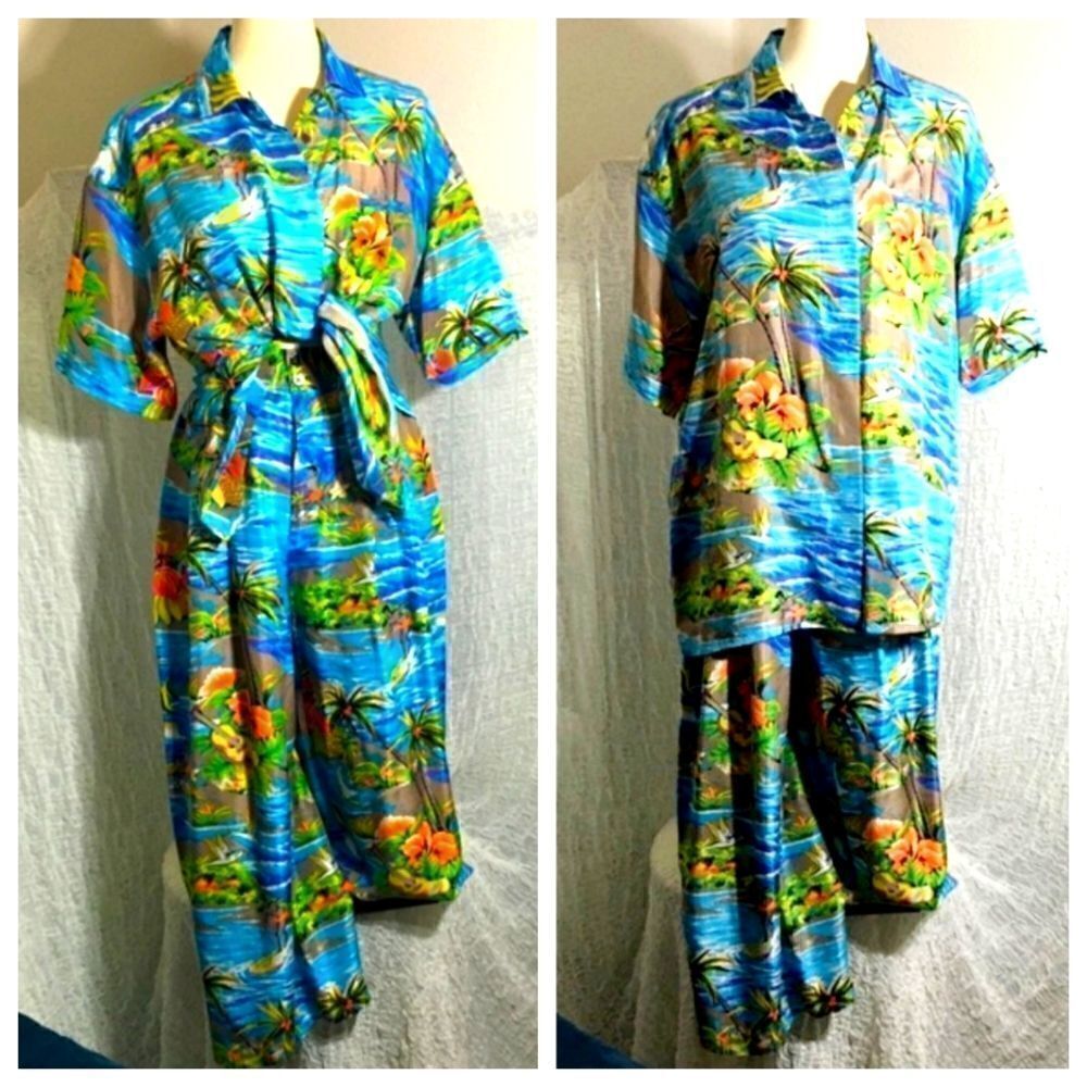 Anne Pinkerton Ape Vtg Silk Hawaiian Print Set Size Medium